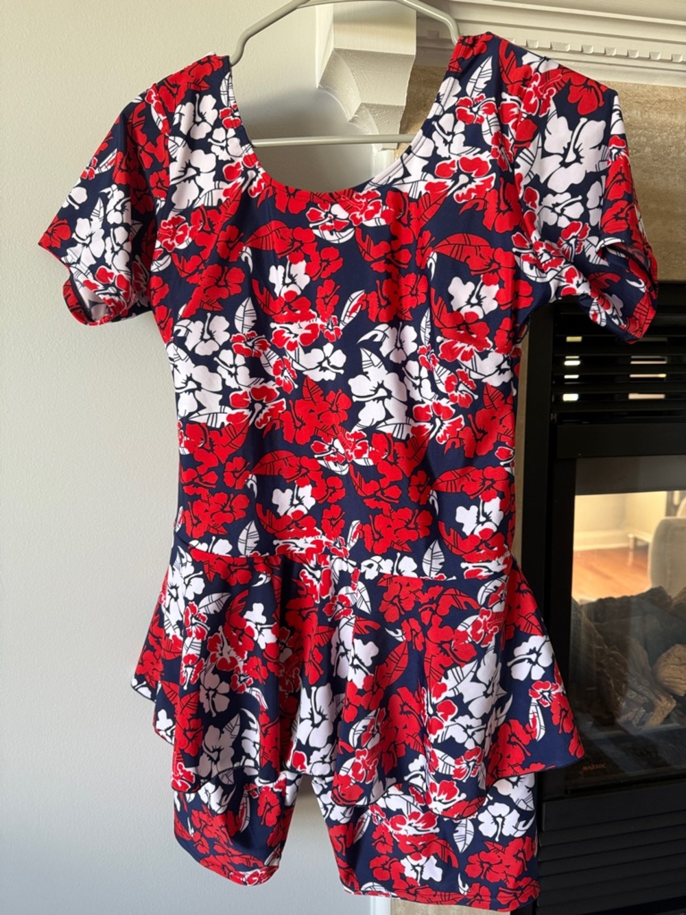 Red White Navy Floral Peplum women one piece swimsuit
